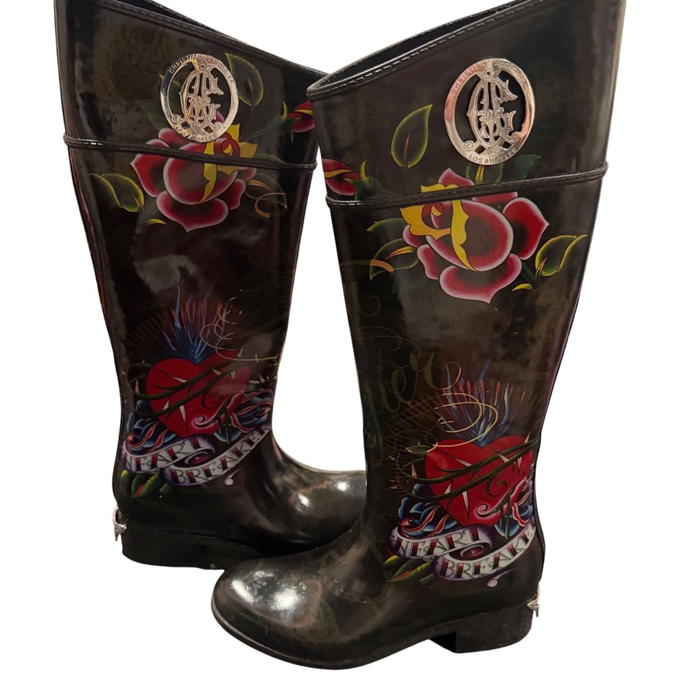 Vintage Y2K Christian Audigier Heart Breaker Black Tattoo Rain Boots Sz Womens 6